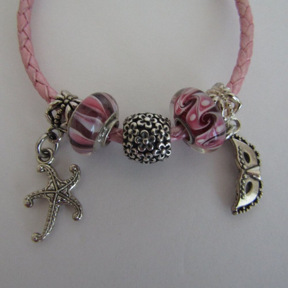 Pink Leather PANDORA Bracelet with 5 charms